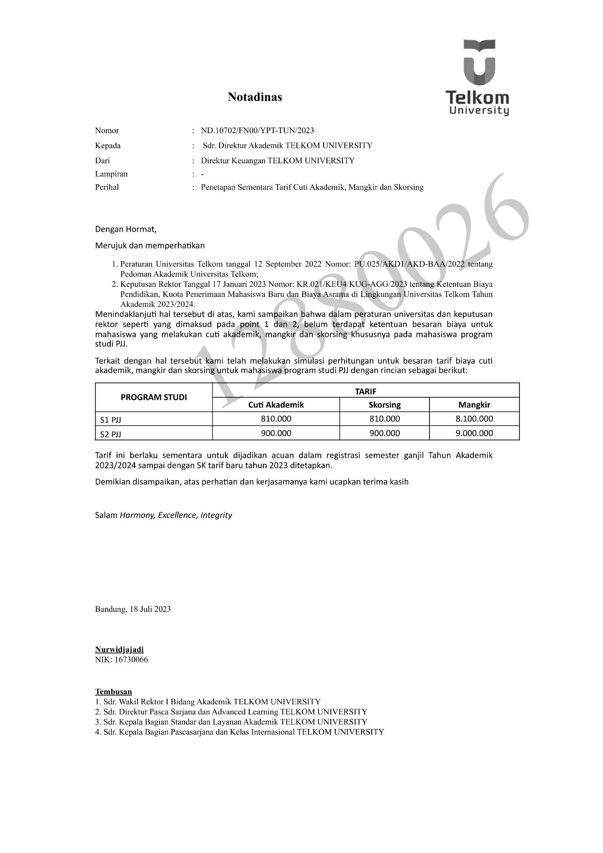 nota dinas tarif cuti mangkir skorsing mahasiswa pjj